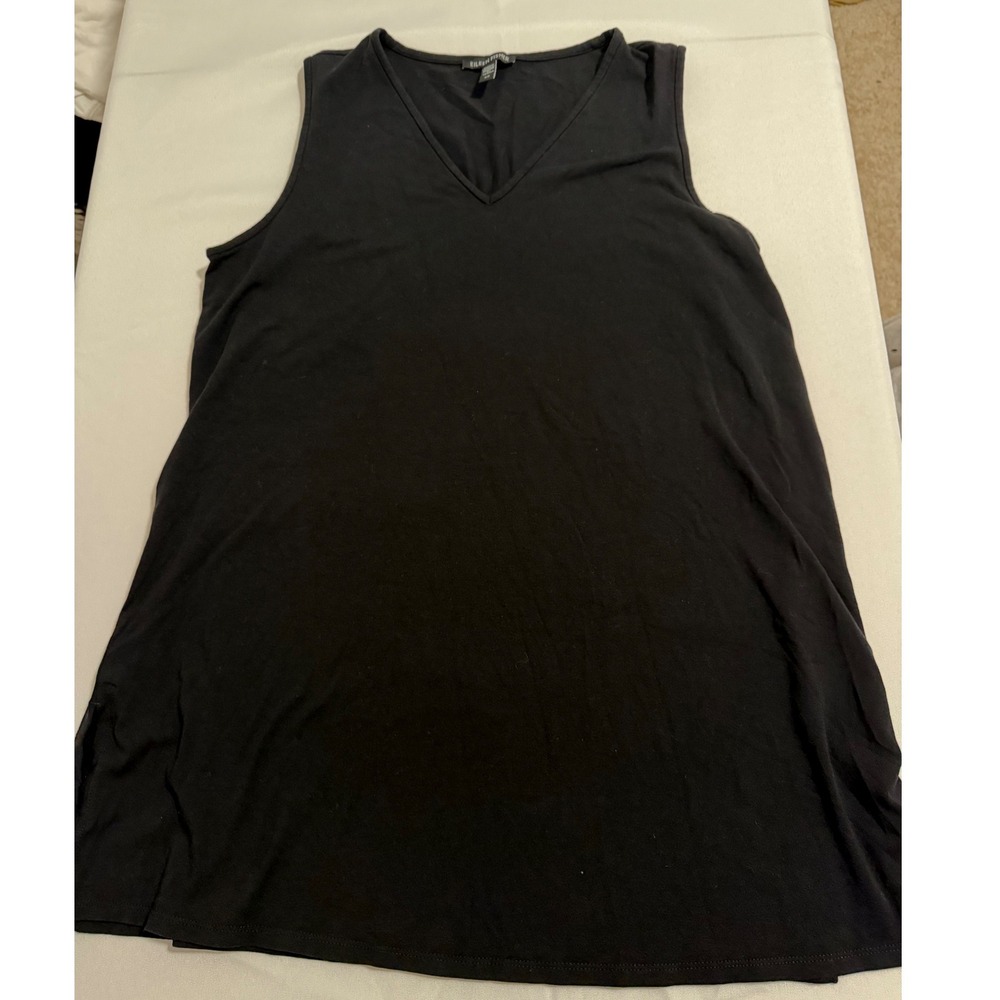 Eileen Fisher Black Stretch Jersey V-Neck Long Tank Top Small Easy Fit Tencel